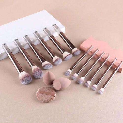 12pcs Professional Makeup Brush Set Incl. Eyeshadow, Powder, Blush Brushes, 2pcs Makeup Sponges, 1pc Powder Puff, Complete Trave